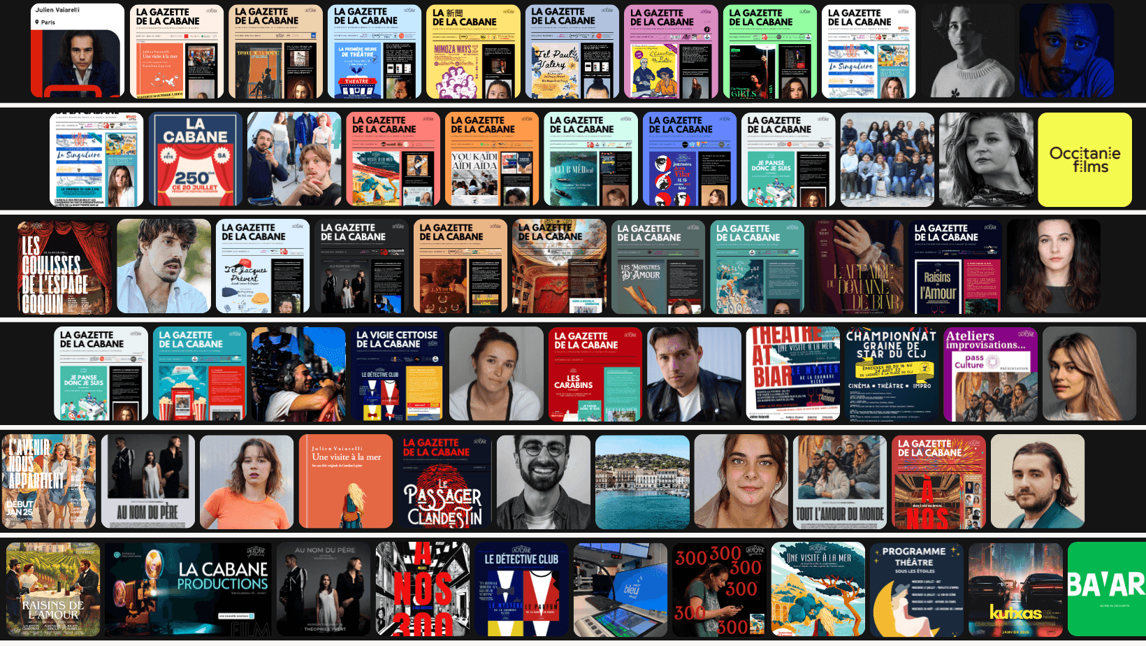 Collage of various magazine covers, movie posters, and event advertisements.