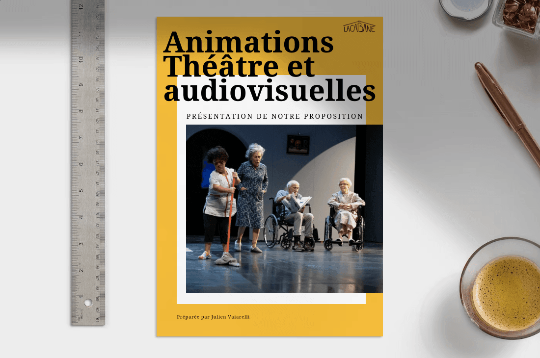 Booklet cover titled 'Animations Théâtre et audiovisuelles' showing elderly actors on stage.