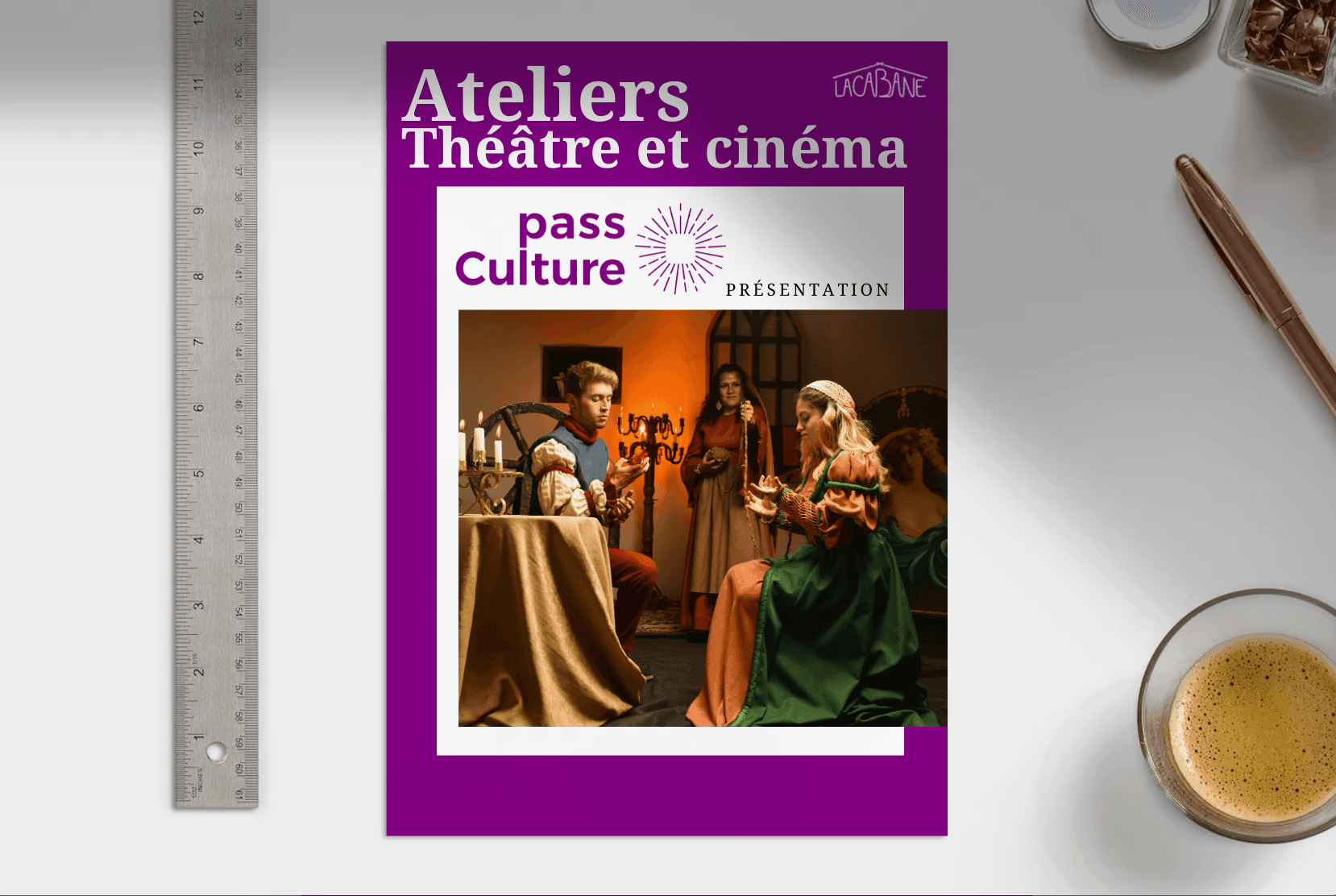 Flyer for theater and cinema workshops with a medieval scene illustration, featuring actors in period costumes.