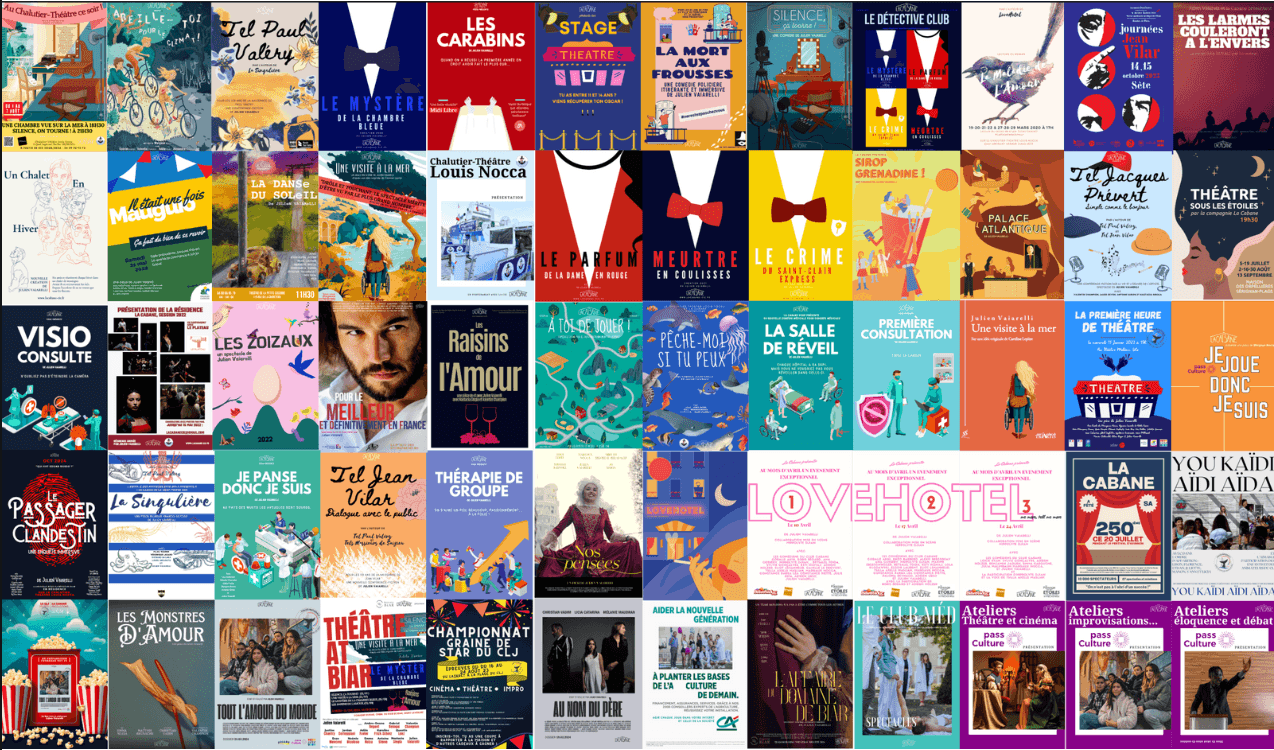 Collage of colorful theater posters with various French titles and illustrations.