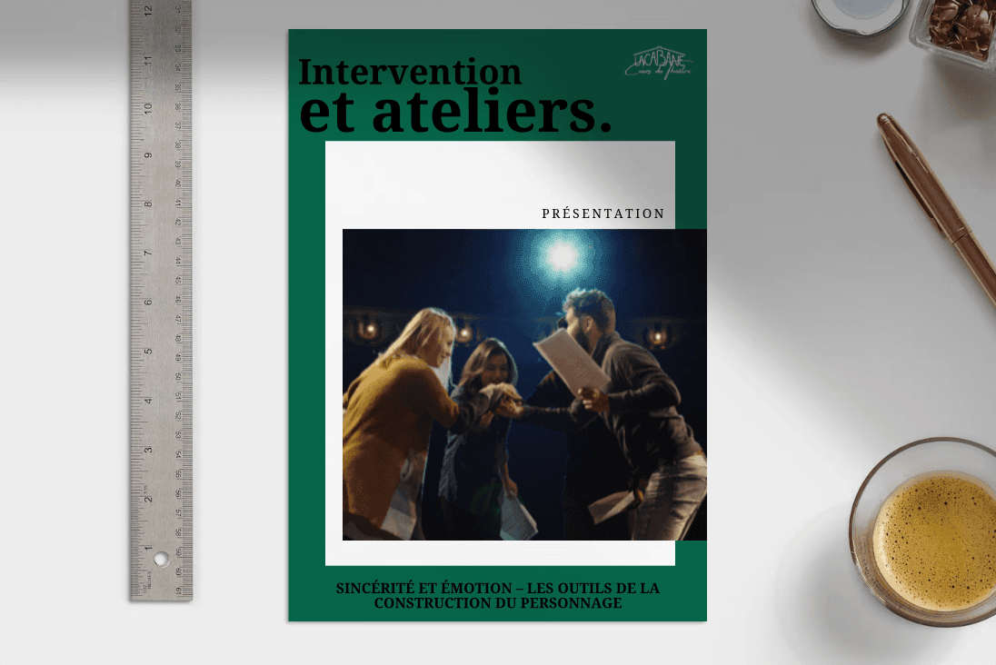 Workshop brochure titled 'Intervention et ateliers' with people collaborating on stage.